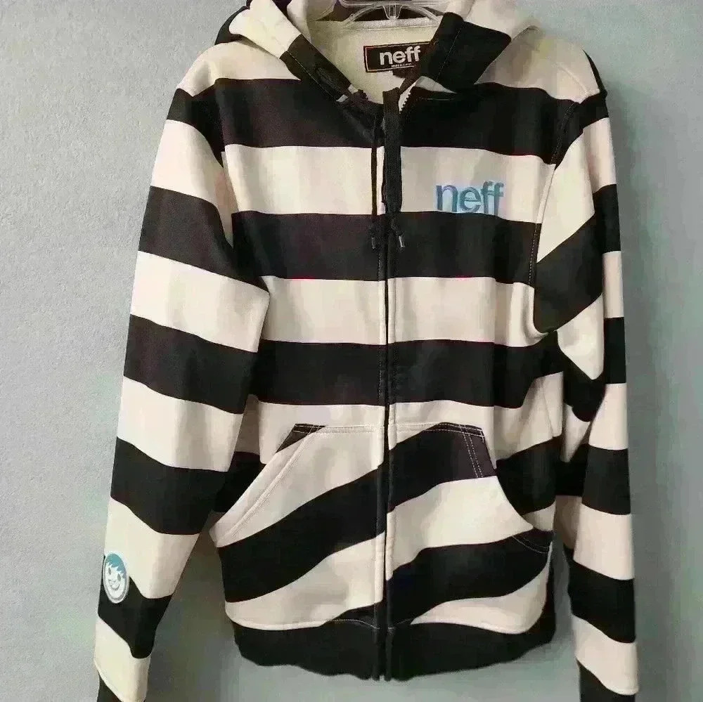 Neff black and white striped,  lined, hooded, logo, zip-up jacket size small